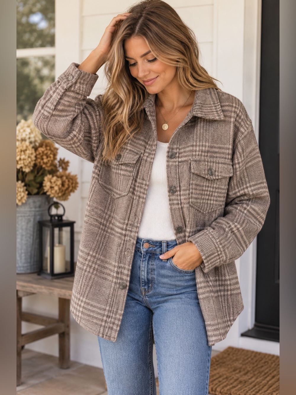 Joie Plaid Button-Front Neutral Shacket Soft Jacket in Brown Taupe Casual Chic L
